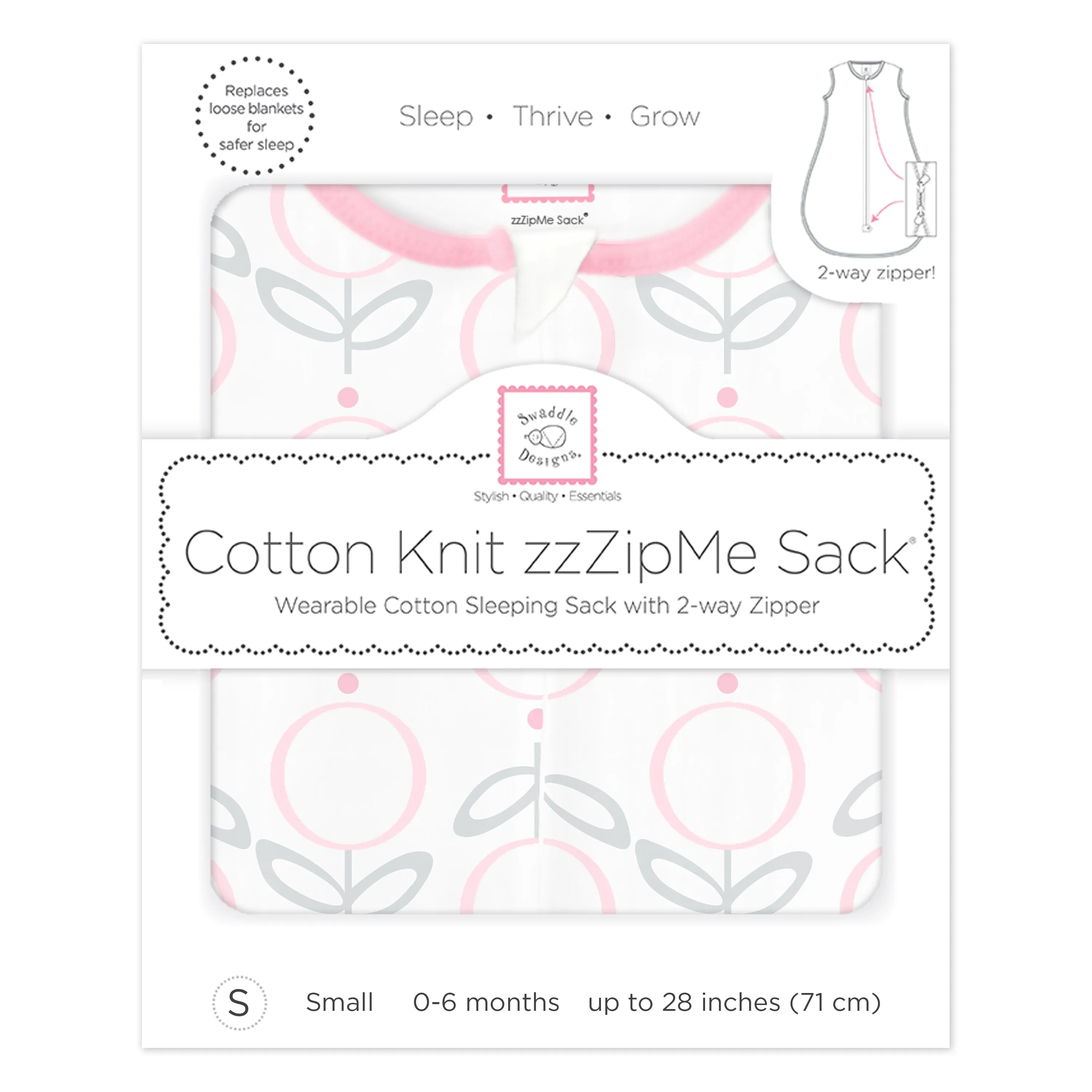 Soft Cotton Non-Weighted zzZipMe Sleeping Sack - Geo Floral, Pink