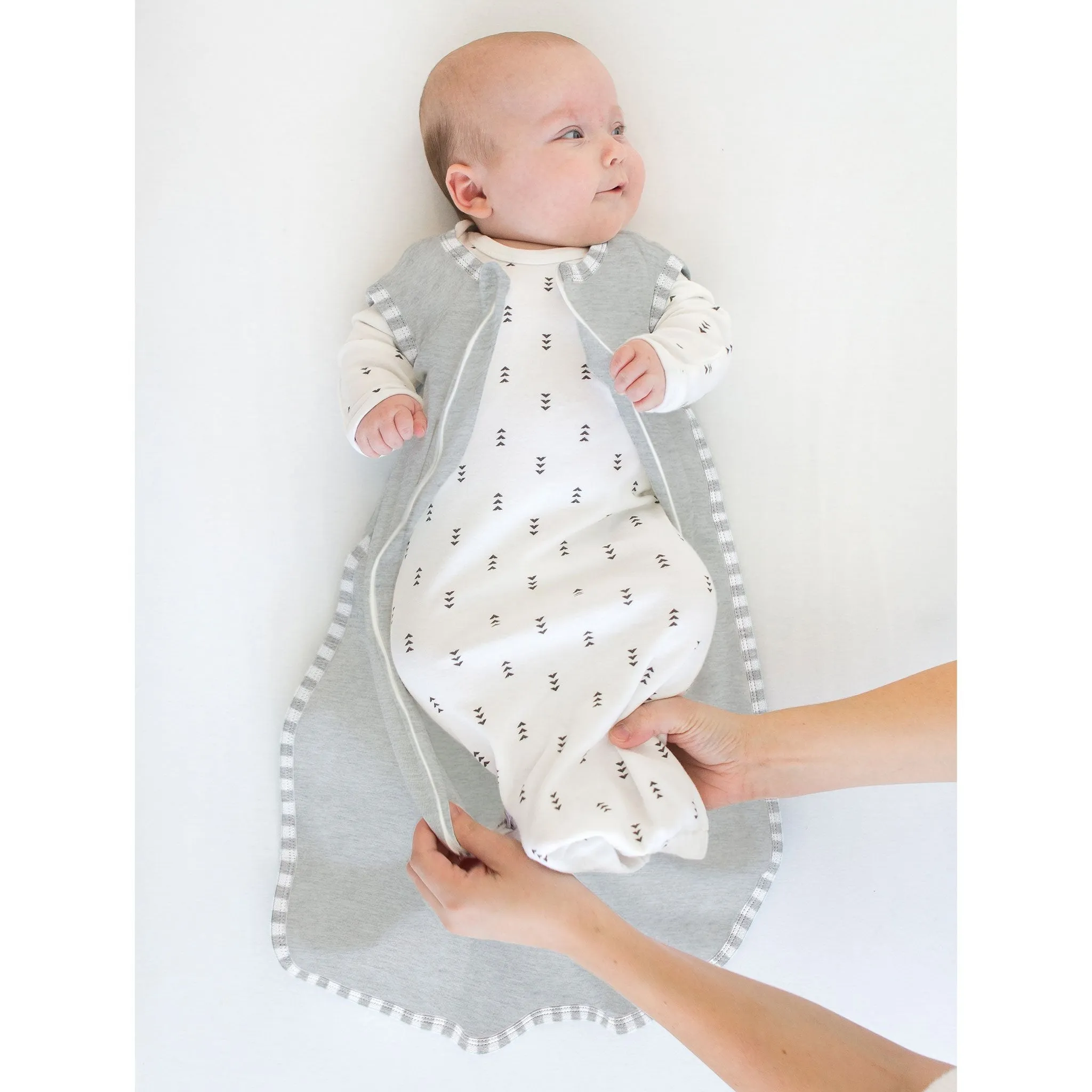Soft Cotton Non-Weighted zzZipMe Sleeping Sack - Heathered Gray with Striped Trim