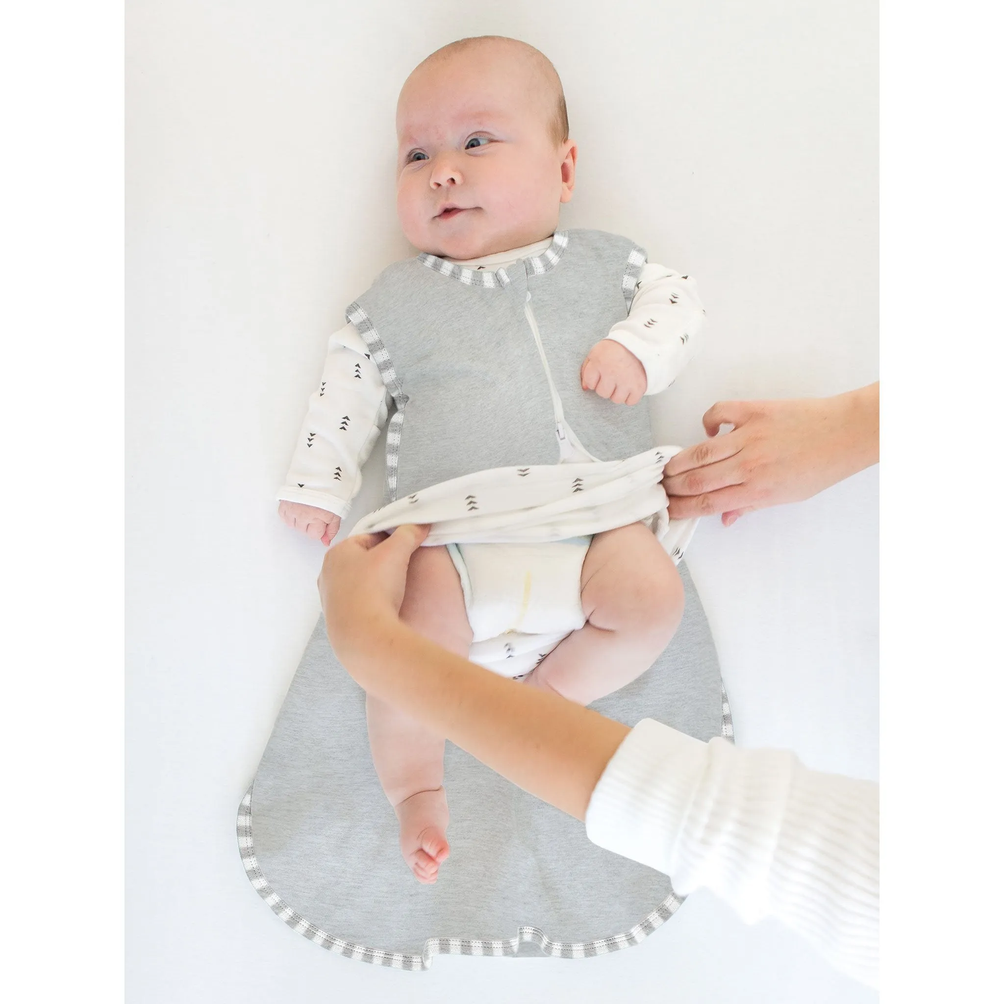 Soft Cotton Non-Weighted zzZipMe Sleeping Sack - Heathered Gray with Striped Trim