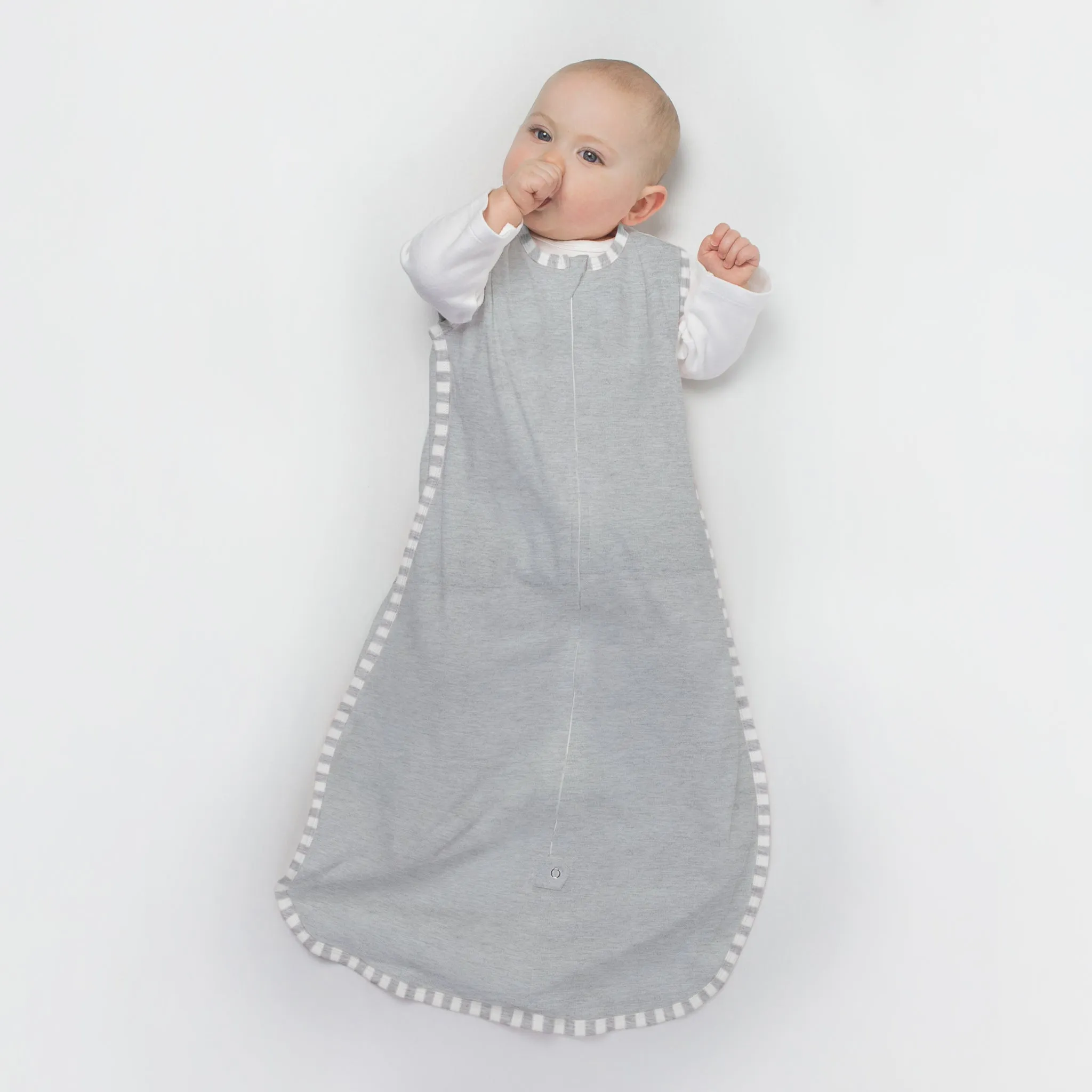 Soft Cotton Non-Weighted zzZipMe Sleeping Sack - Heathered Gray with Striped Trim