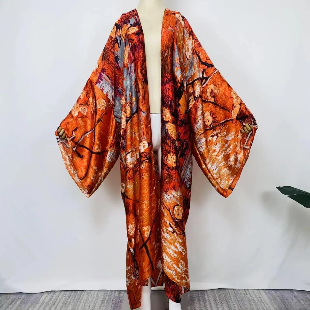 Summer Silk feeling beach cover up Women Cardigan fashion sexy Boho African Holiday party long Sleeve Robe kimono Kaftan