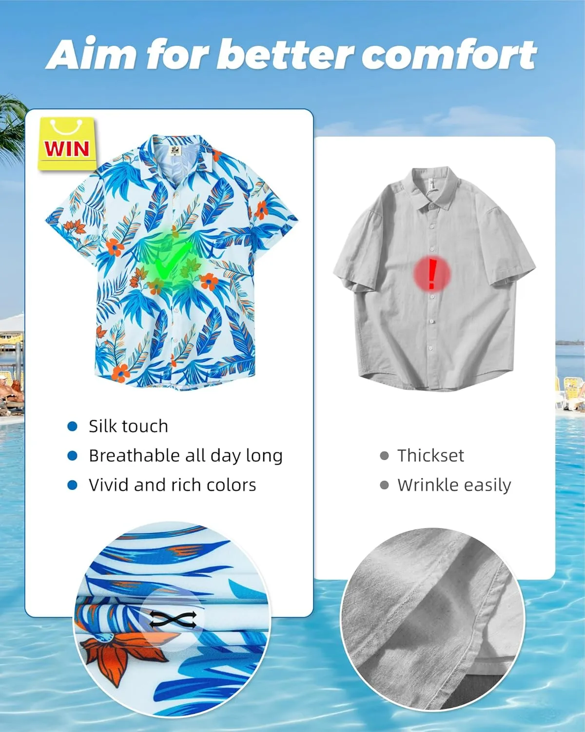 SURF CUZ Mens Casual Hawaiian Shirt Short Sleeve Stretch Button Down Quick Dry Beach Aloha Shirts