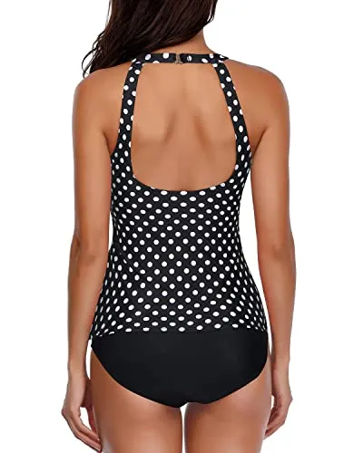 Trendy Tummy Control Swimsuit 2 Piece Tankini For Women-Black Dot