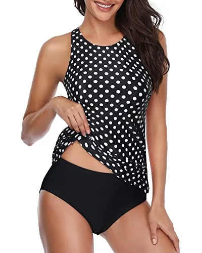 Trendy Tummy Control Swimsuit 2 Piece Tankini For Women-Black Dot