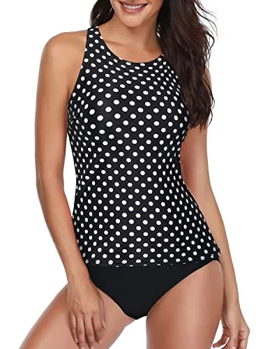 Trendy Tummy Control Swimsuit 2 Piece Tankini For Women-Black Dot