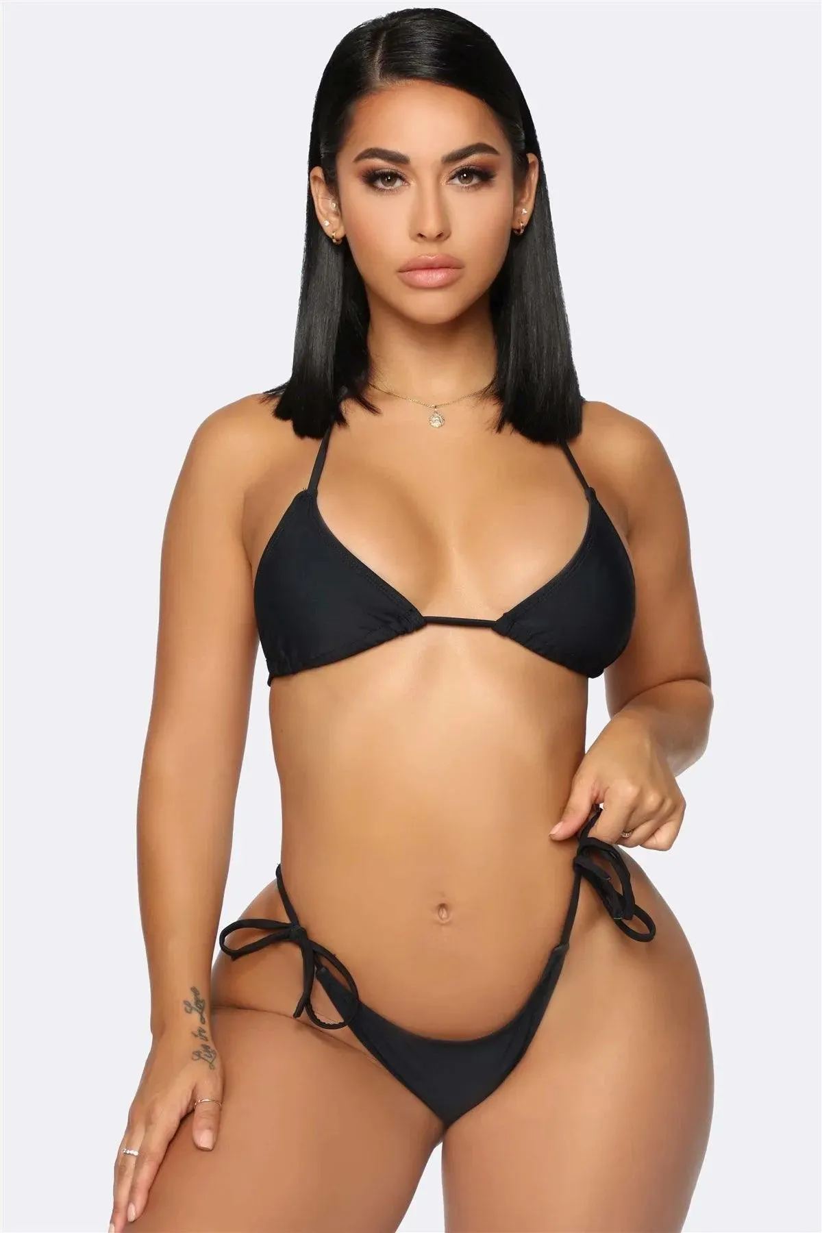 Triangle Top & Self-Tie Bottom Bikini With Mesh Coverup Mini Dress 3 Piece Set Swimwear