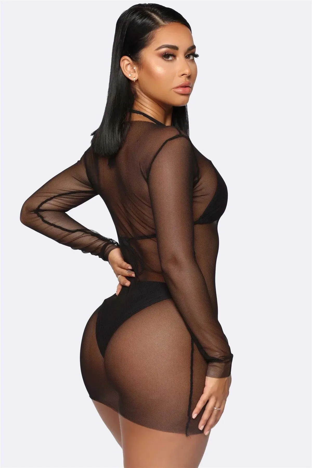 Triangle Top & Self-Tie Bottom Bikini With Mesh Coverup Mini Dress 3 Piece Set Swimwear
