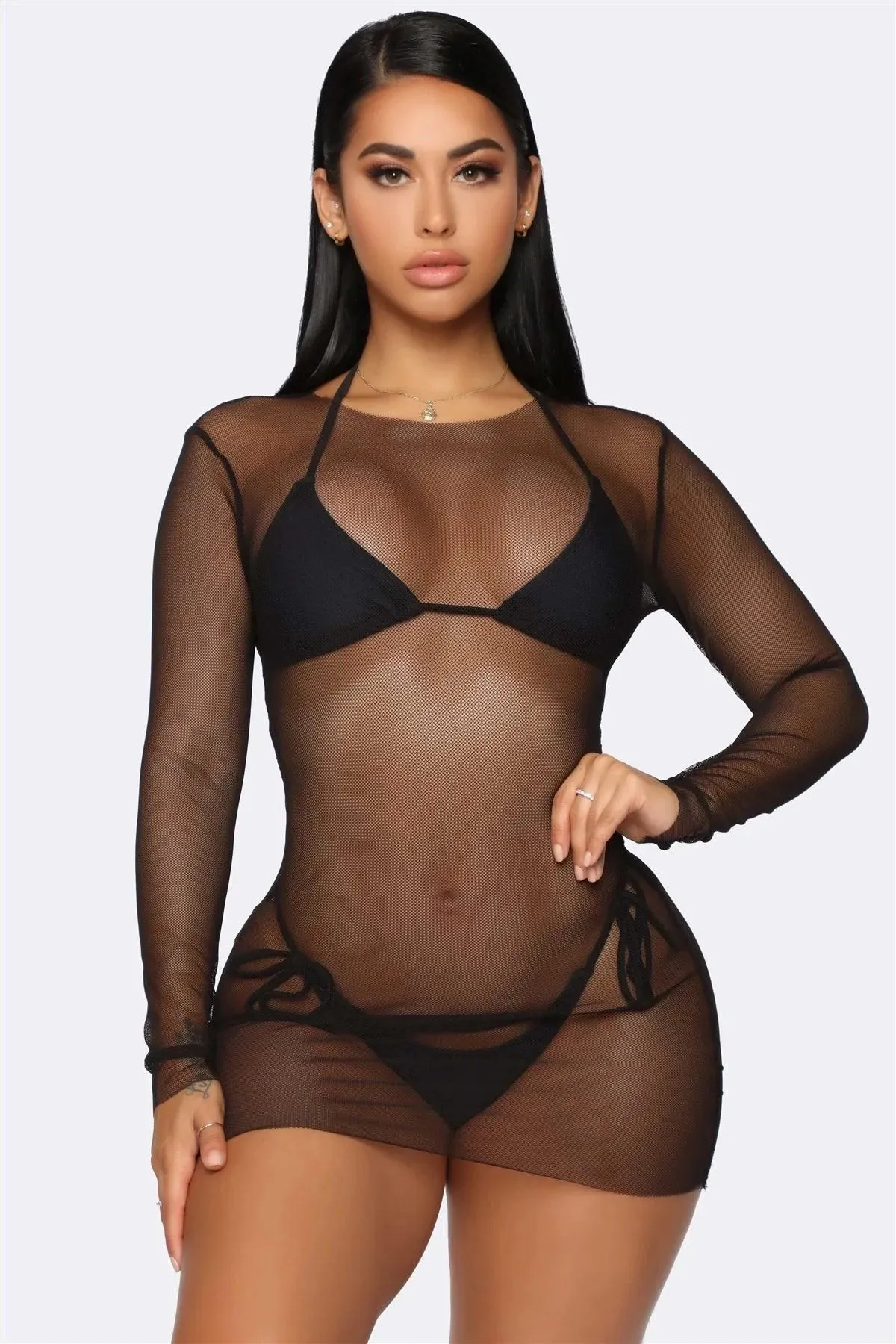 Triangle Top & Self-Tie Bottom Bikini With Mesh Coverup Mini Dress 3 Piece Set Swimwear