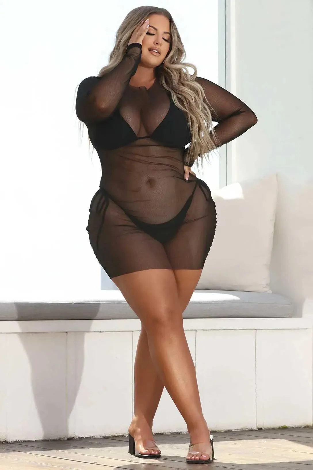 Triangle Top & Self-Tie Bottom Bikini With Mesh Coverup Mini Dress 3 Piece Set Swimwear