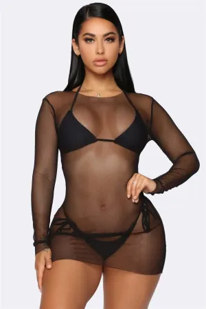 Triangle Top & Self-Tie Bottom Bikini With Mesh Coverup Mini Dress 3 Piece Set Swimwear