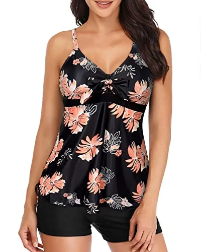 Two Piece Tankini Swimsuit With Shorts Tummy Control Bathing Suit For Women-Black Orange Floral