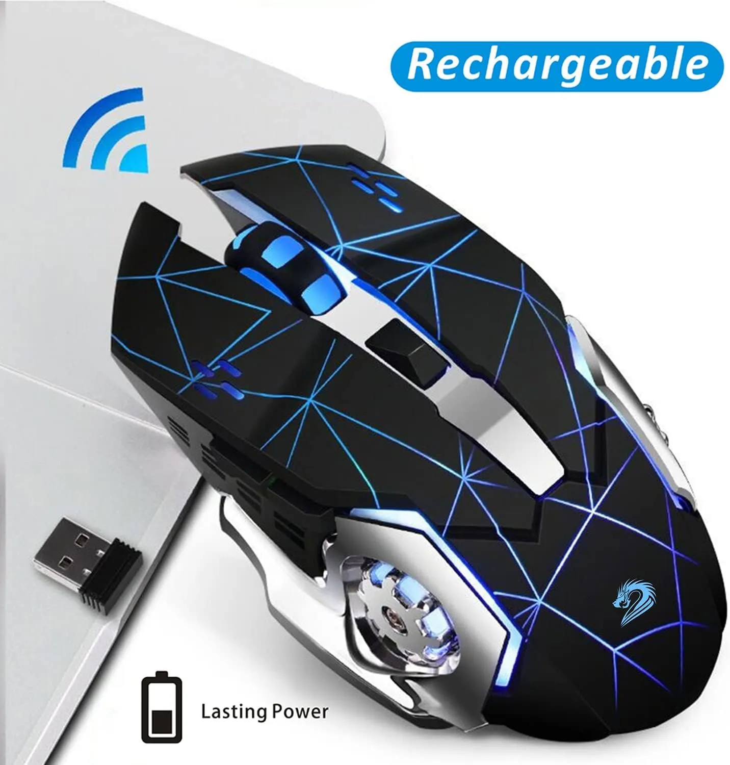 Uciefy Q85 Rechargeable Wireless Gaming Mouse, 2.4G LED Optical Silent Wireless Computer Mouse with 4 LED Light, 3 Adjustable DPI, Ergonomic Design, Auto Sleeping (Starry Black)
