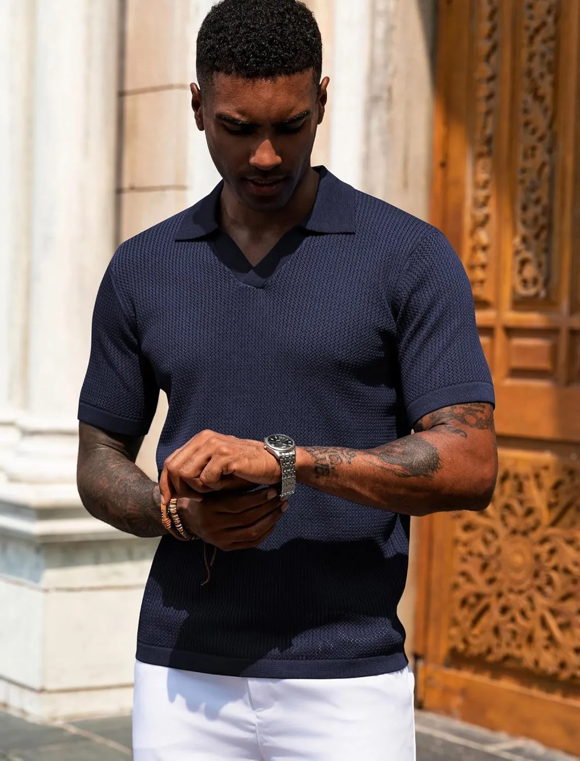 URRU Mens Polo Shirt Summer Casual Short Sleeve Hollow Out Shirts V Neck Lightweight Knitted Mesh Polo Shirt