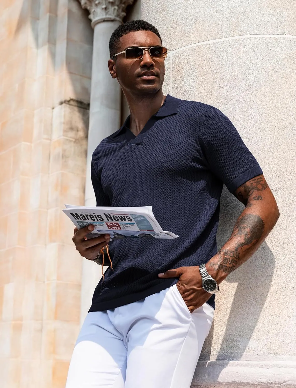 URRU Mens Polo Shirt Summer Casual Short Sleeve Hollow Out Shirts V Neck Lightweight Knitted Mesh Polo Shirt