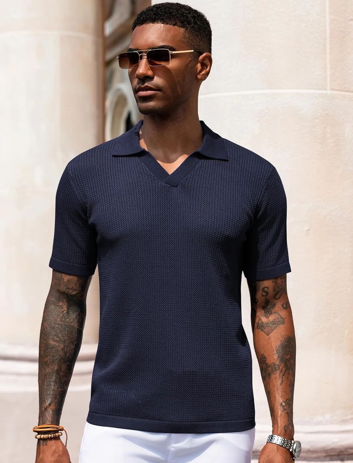 URRU Mens Polo Shirt Summer Casual Short Sleeve Hollow Out Shirts V Neck Lightweight Knitted Mesh Polo Shirt