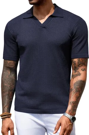 URRU Mens Polo Shirt Summer Casual Short Sleeve Hollow Out Shirts V Neck Lightweight Knitted Mesh Polo Shirt