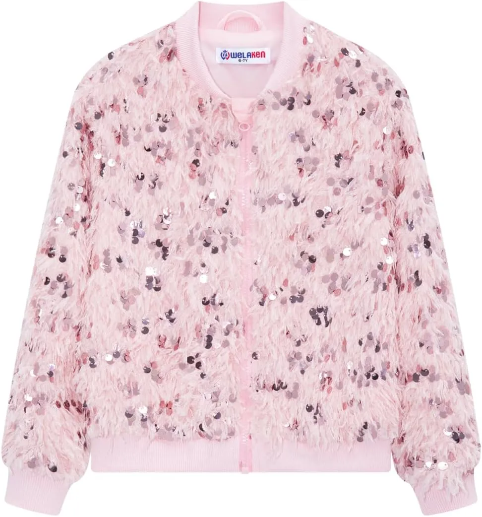 WELAKEN Girls Faux Feather Sequin Jacket Shiny Long Sleeve Zip Up Coat with Pockets 5-12Y