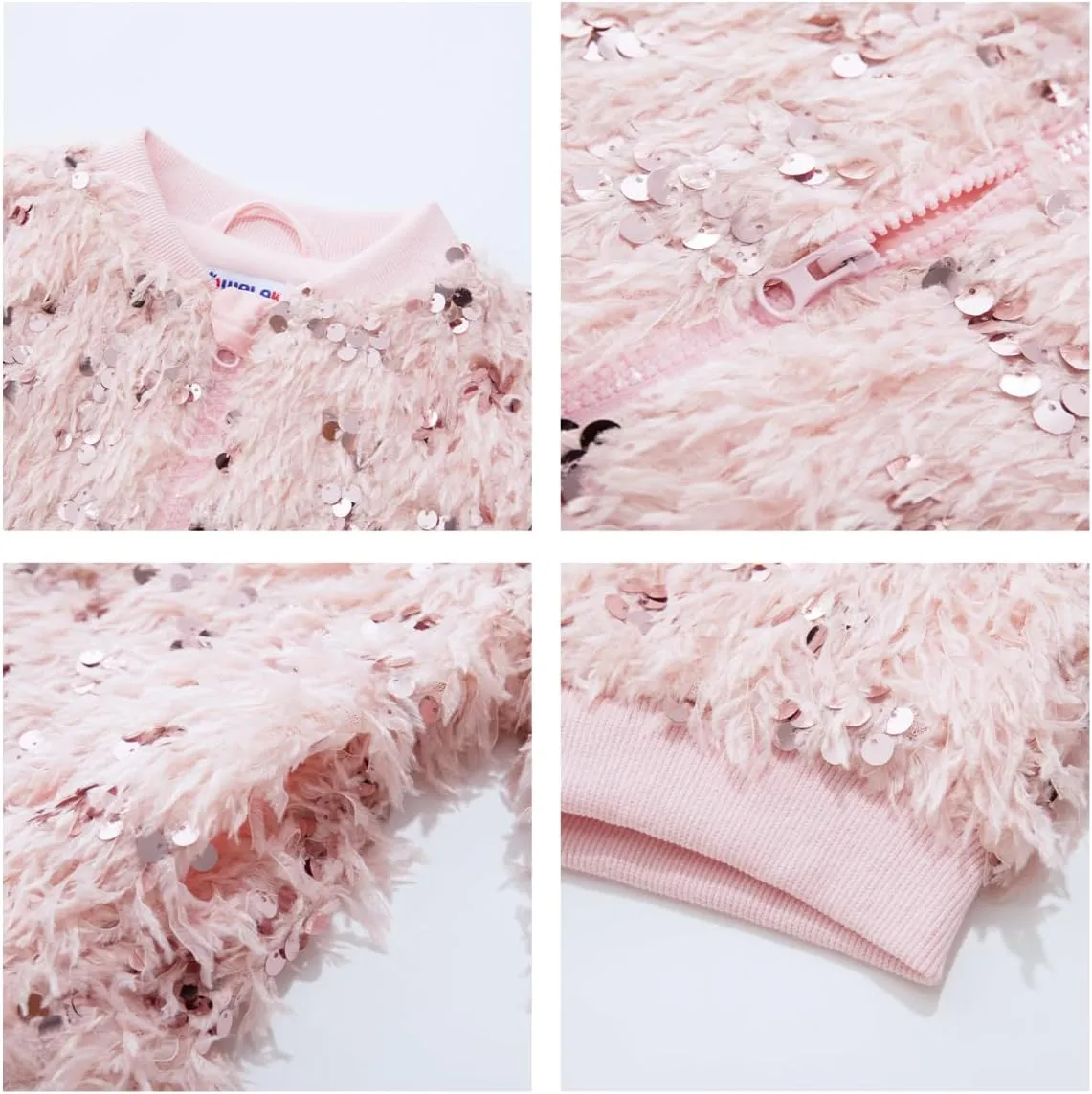 WELAKEN Girls Faux Feather Sequin Jacket Shiny Long Sleeve Zip Up Coat with Pockets 5-12Y