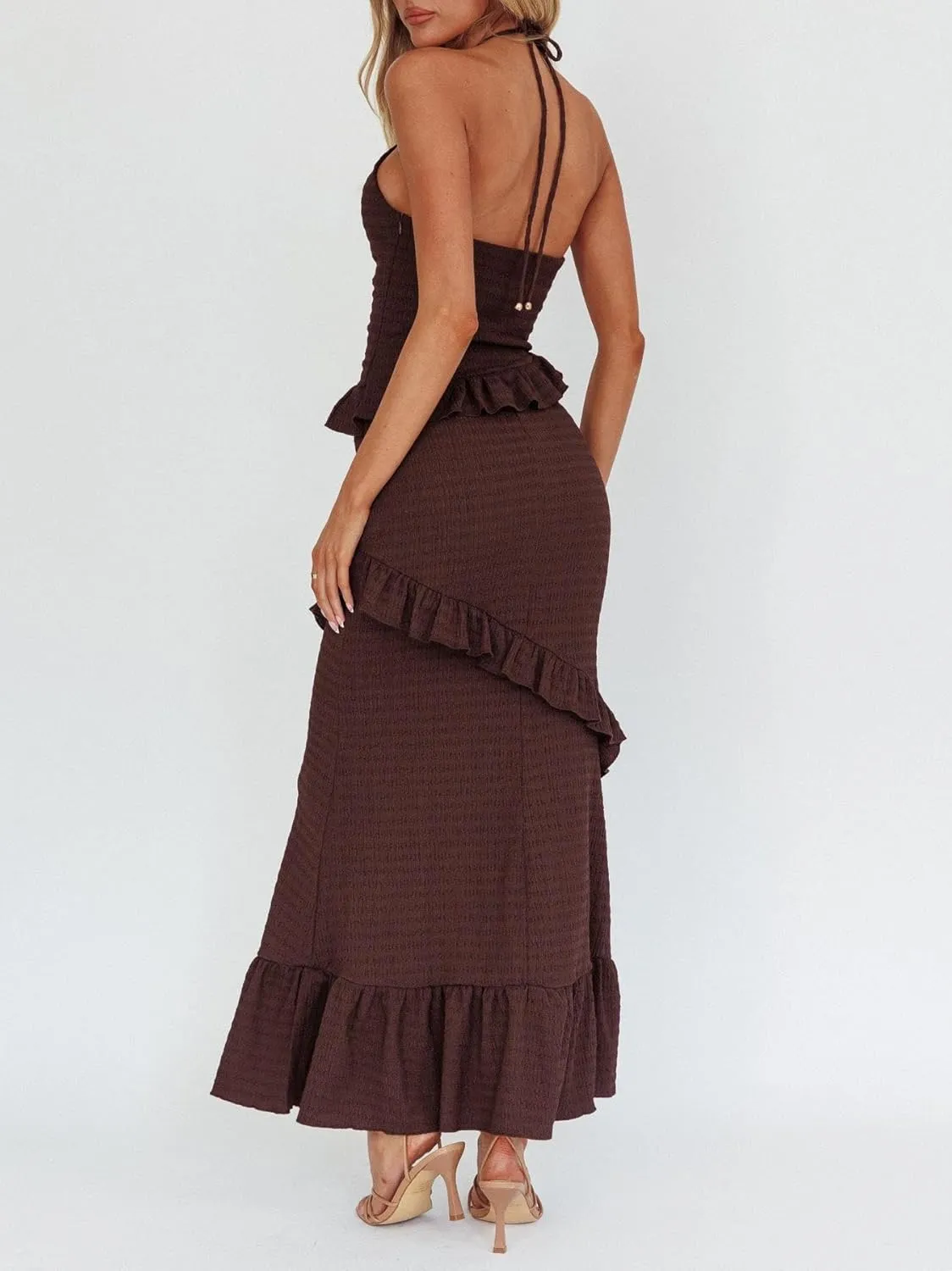 Women Boho Maxi Skirt Set Y2k Halter Backless Cami Top Flowy Ruffle Long Skirt 2 Piece Outfits Beachwear