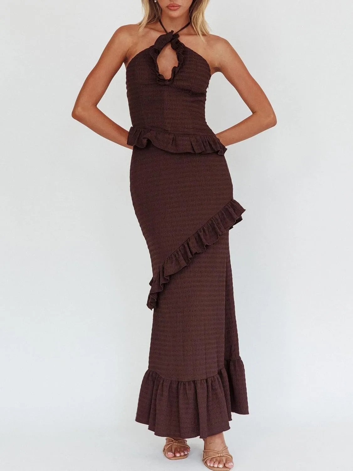 Women Boho Maxi Skirt Set Y2k Halter Backless Cami Top Flowy Ruffle Long Skirt 2 Piece Outfits Beachwear