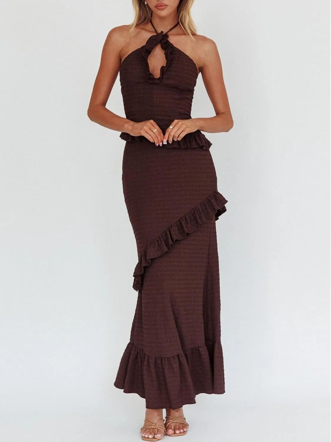 Women Boho Maxi Skirt Set Y2k Halter Backless Cami Top Flowy Ruffle Long Skirt 2 Piece Outfits Beachwear