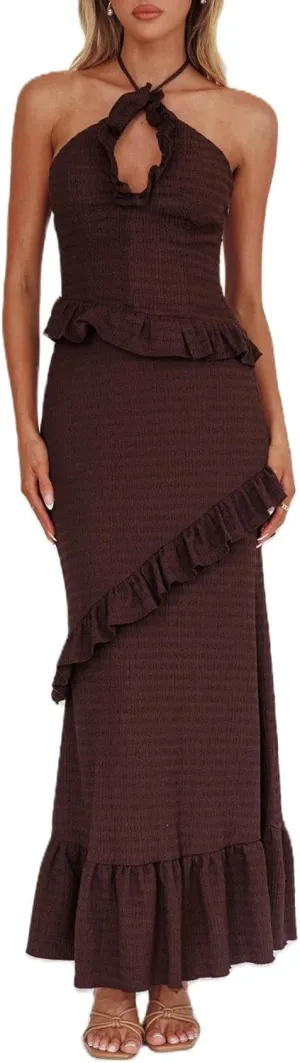 Women Boho Maxi Skirt Set Y2k Halter Backless Cami Top Flowy Ruffle Long Skirt 2 Piece Outfits Beachwear