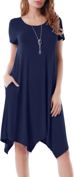 Women Casual Loose Soft Crewneck Short Sleeve Pockets Swing T-Shirt Dress