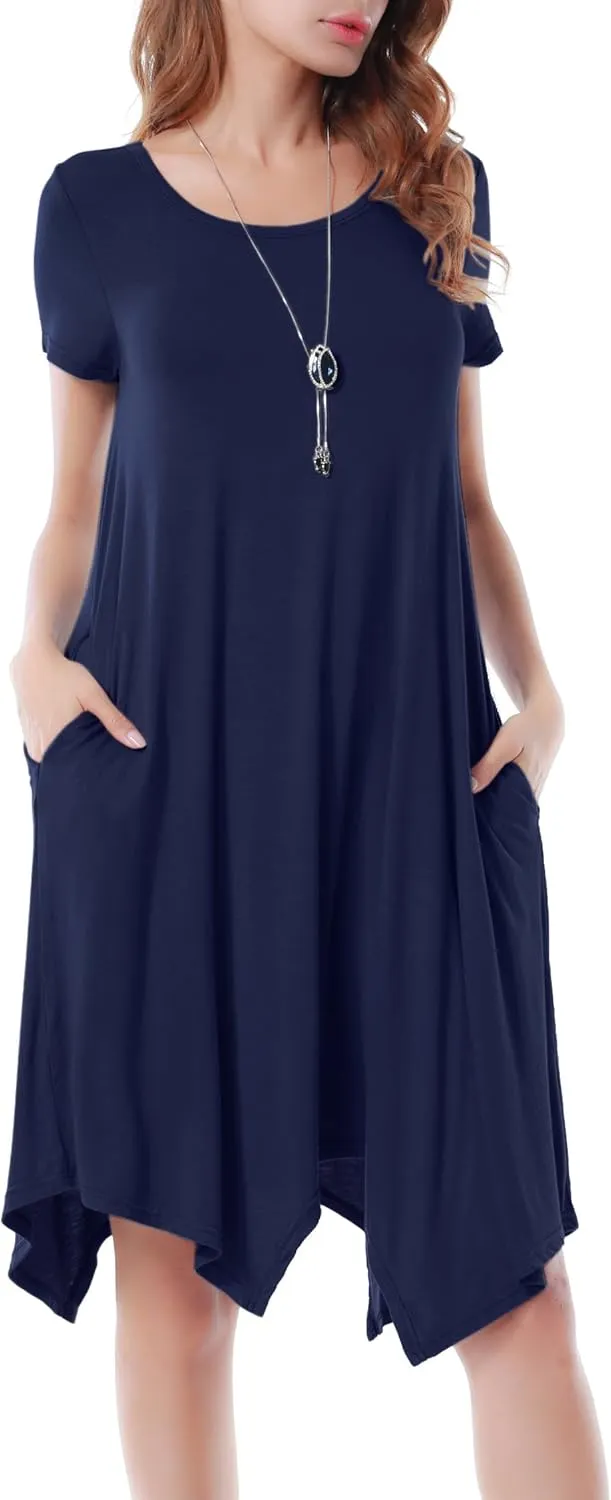 Women Casual Loose Soft Crewneck Short Sleeve Pockets Swing T-Shirt Dress