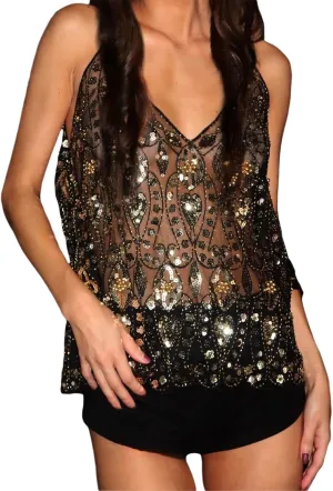 Women Y2K Sequin Cami Top Sexy Sparkly V Neck Tank Top Backless Glitter Crop Tops Floral Rhinestone Clubwear