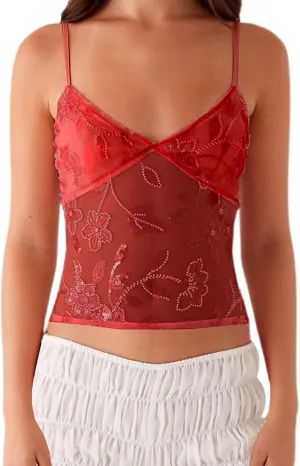 Women Y2K Sequin Mesh Tank Top Glitter Floral Embroidered Cami Crop Top Sleeveless Backless Rhinestone Camisole