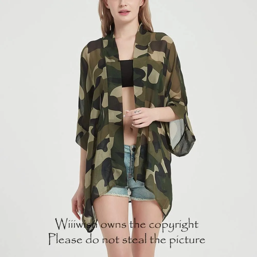 Womens Bohemian Floral Sheer Chiffon Kimono Beach Bikini Cover up Cardigan Capes Tunic