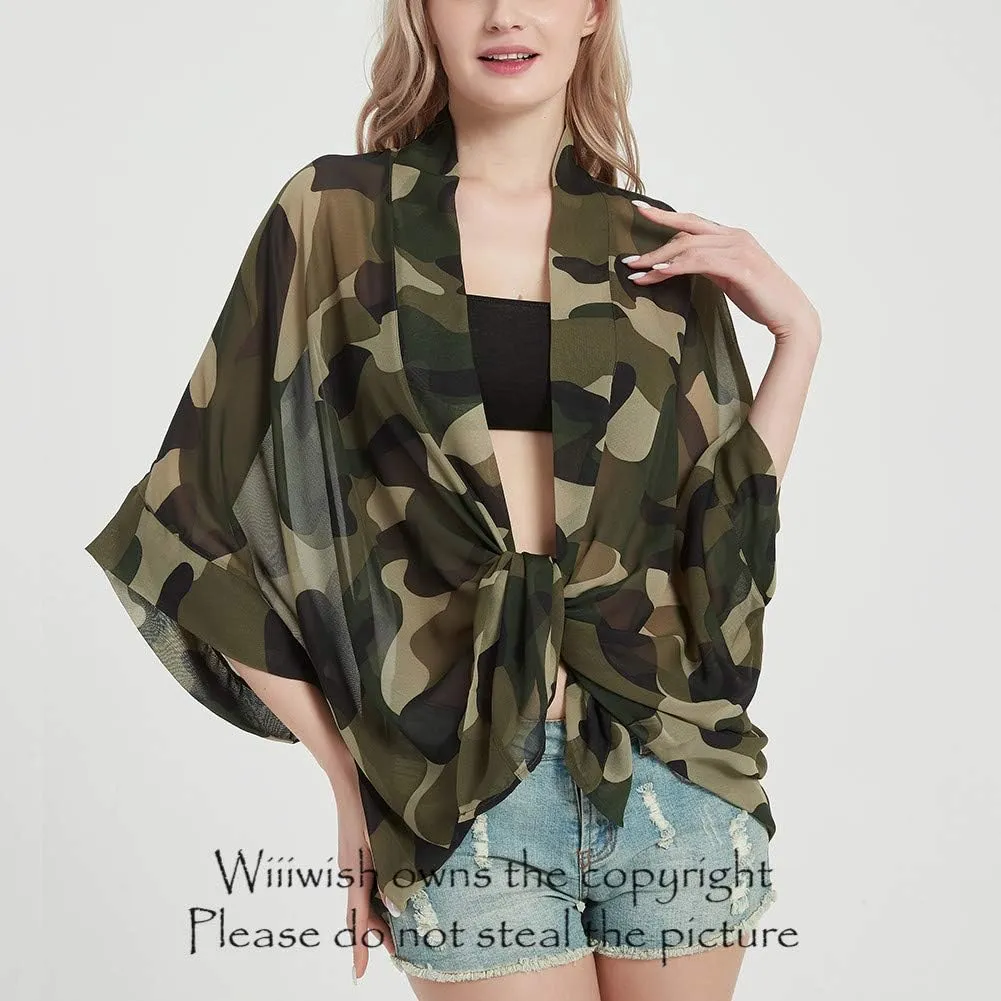 Womens Bohemian Floral Sheer Chiffon Kimono Beach Bikini Cover up Cardigan Capes Tunic