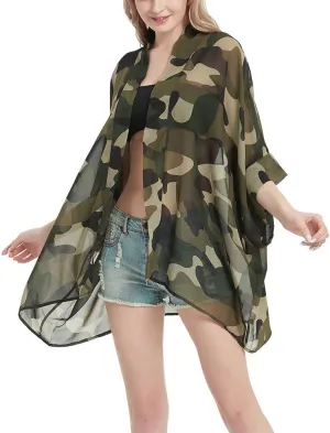 Womens Bohemian Floral Sheer Chiffon Kimono Beach Bikini Cover up Cardigan Capes Tunic
