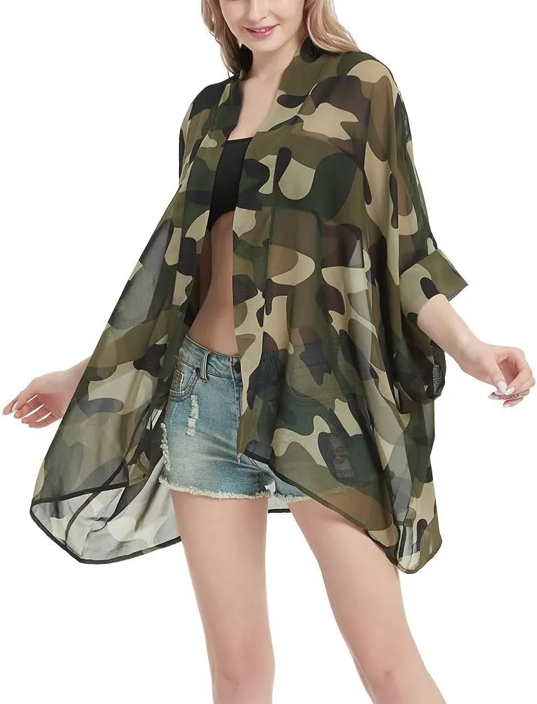 Womens Bohemian Floral Sheer Chiffon Kimono Beach Bikini Cover up Cardigan Capes Tunic