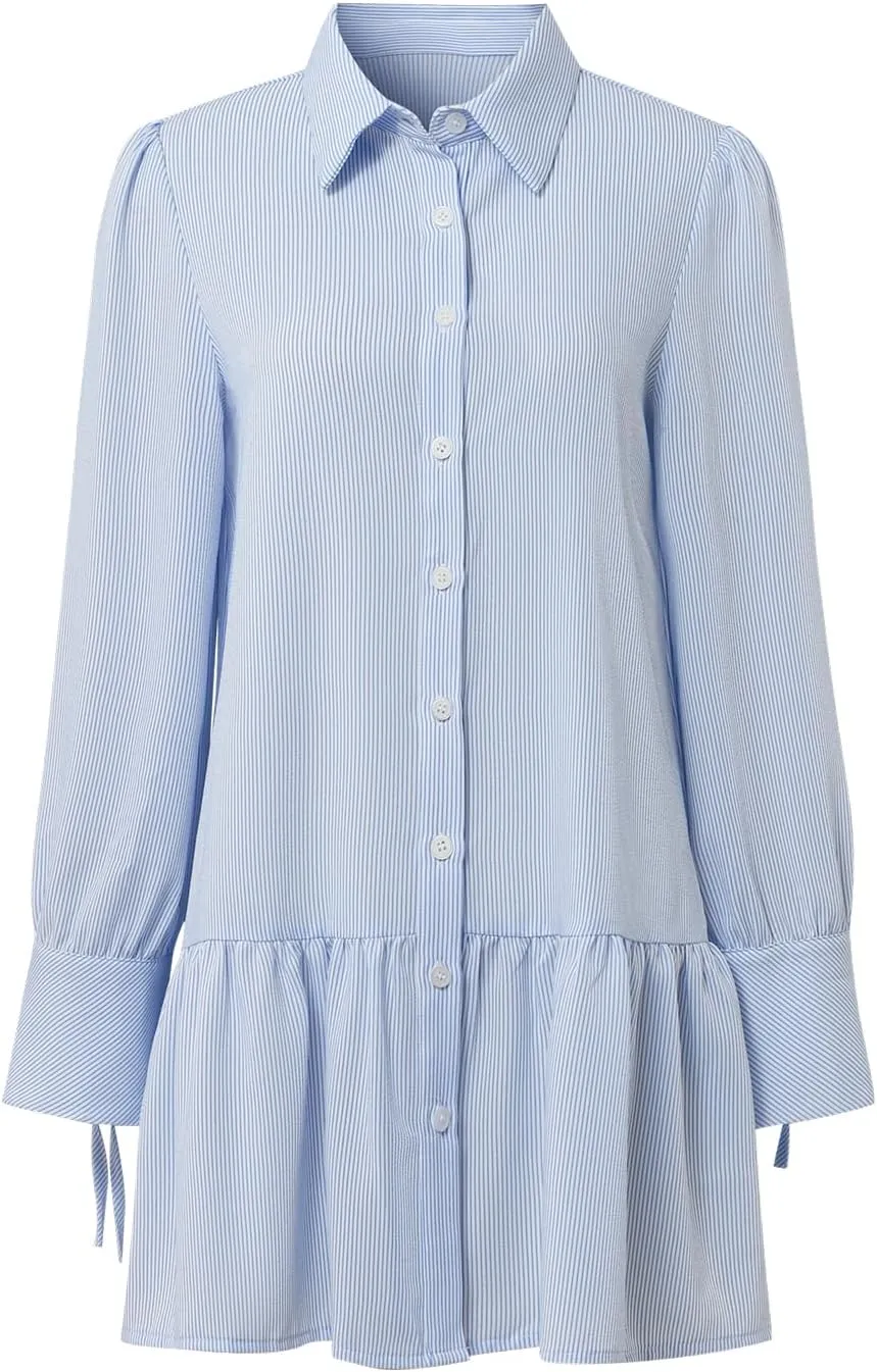 Womens Casual Button Down Shirt Dress Long Sleeve Collared Pleated Swing Mini Dresses