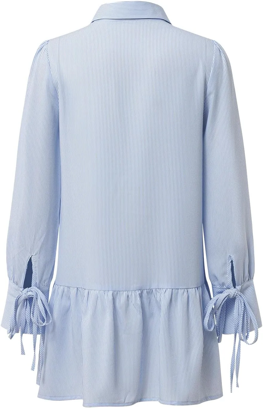 Womens Casual Button Down Shirt Dress Long Sleeve Collared Pleated Swing Mini Dresses