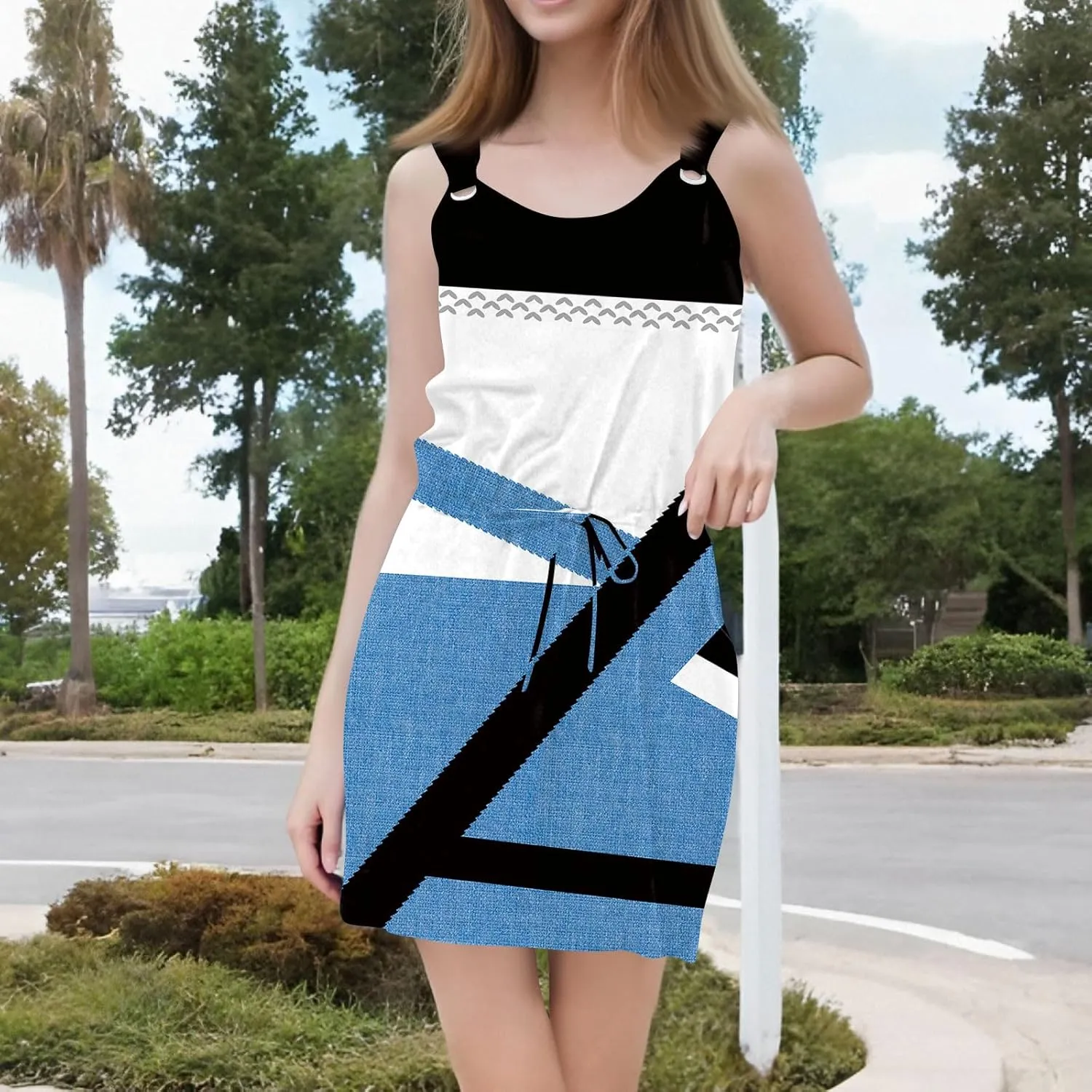Women's Sleeveless Color Block Casual Dress with Drawstring Waist,Summer Fashion Comfortable and Stylish