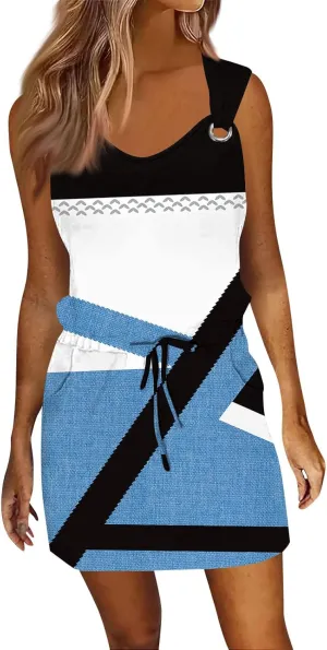 Women's Sleeveless Color Block Casual Dress with Drawstring Waist,Summer Fashion Comfortable and Stylish