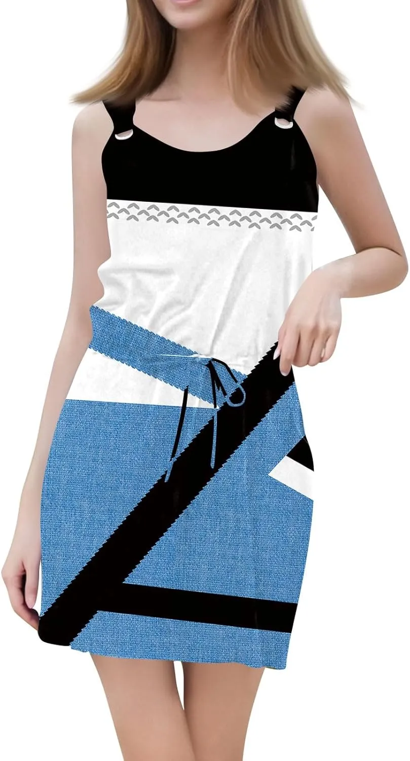 Women's Sleeveless Color Block Casual Dress with Drawstring Waist,Summer Fashion Comfortable and Stylish