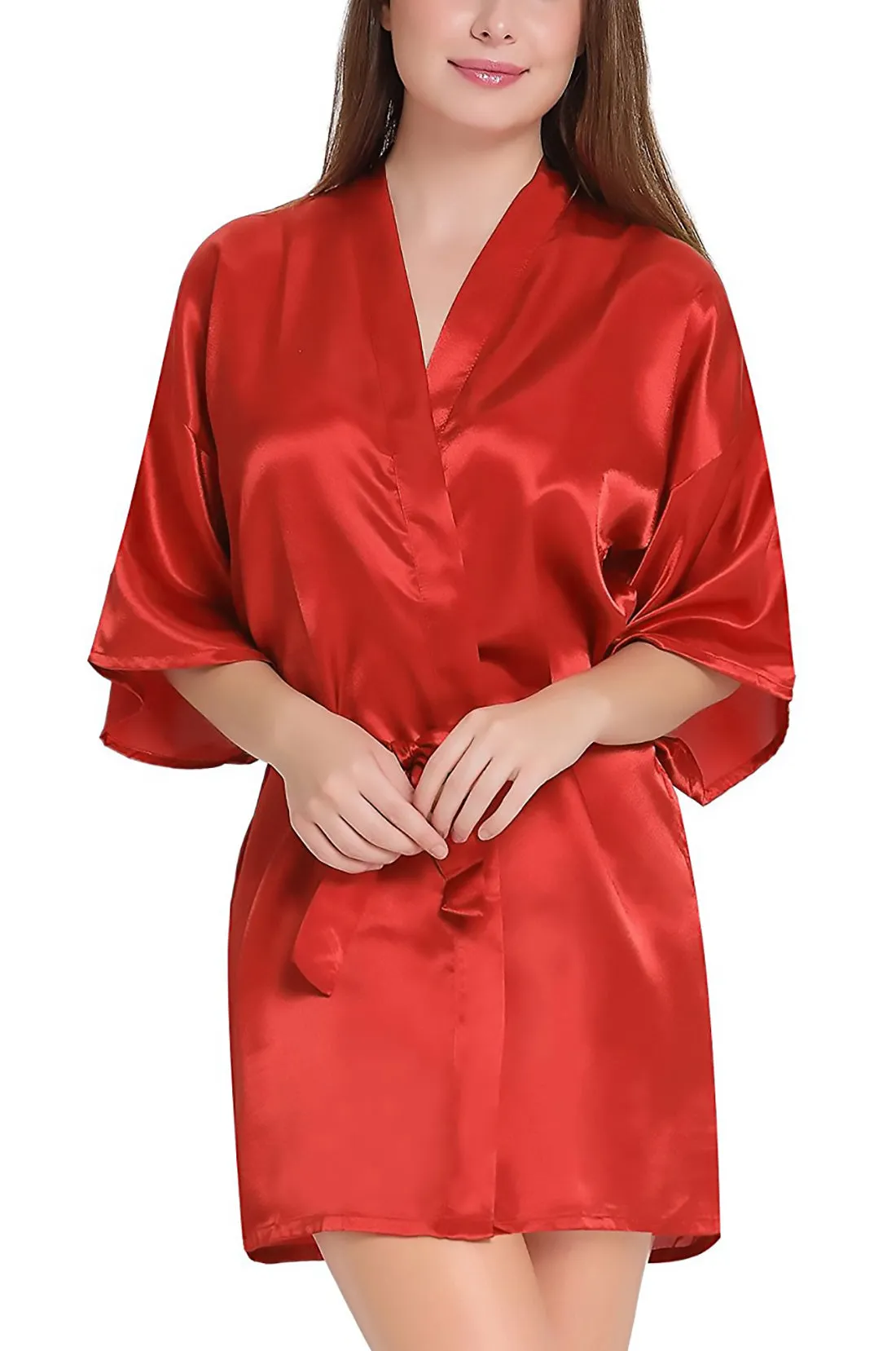 Xs and Os Women's Satin Robe and Lace Bra Panty Lingerie Set Combo (Red-Red)