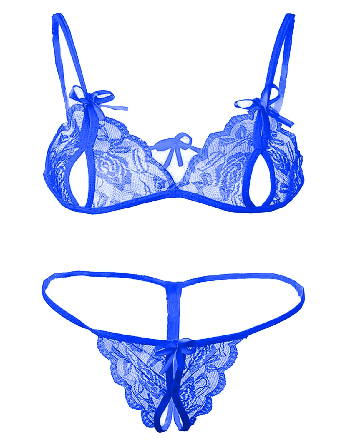 Xs and Os Women's Satin Robe and Lace Bra Panty Lingerie Set Combo (Royal Blue, Royal Blue)