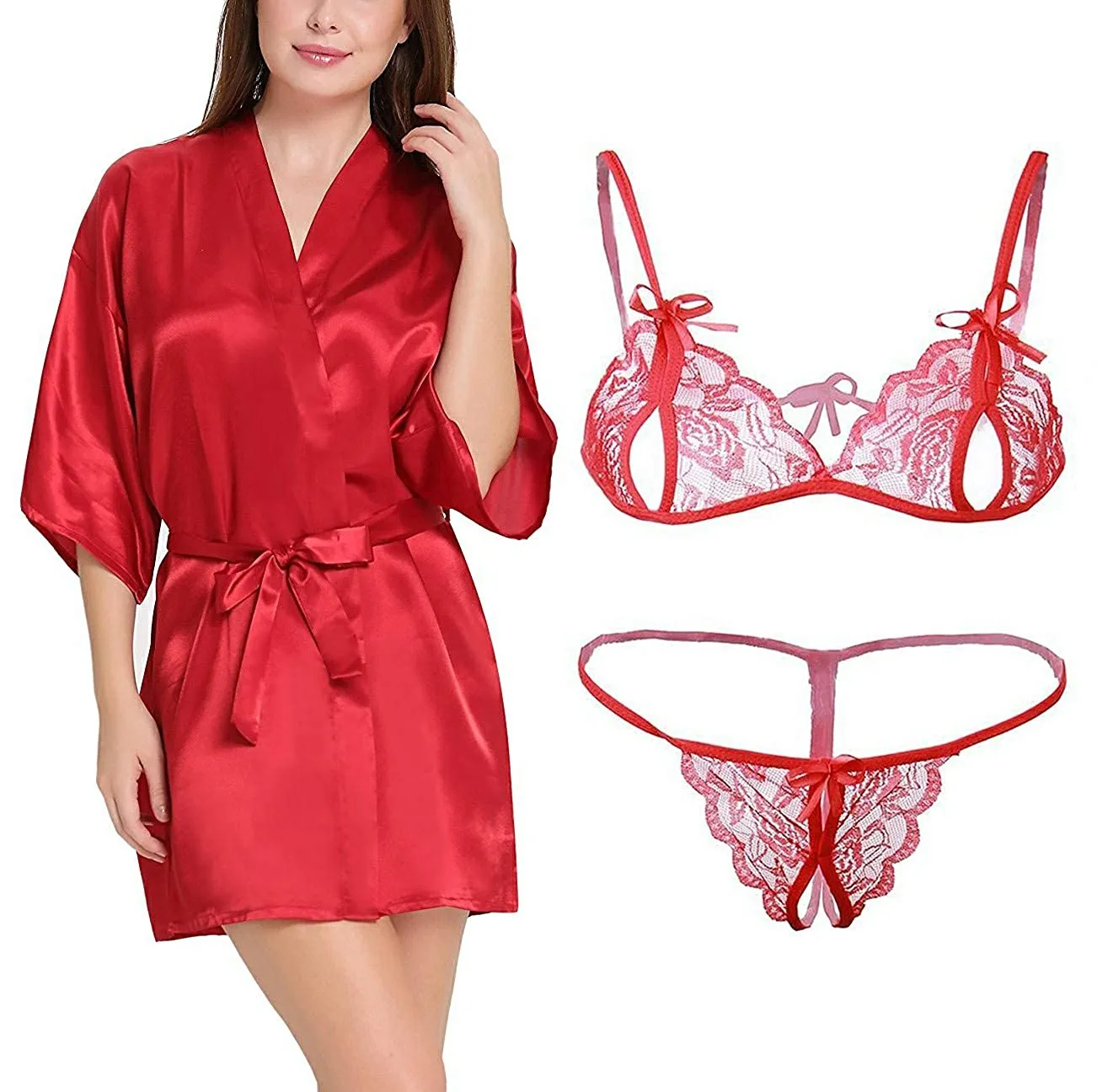 Xs and Os Women's Satin Robe and Lace Bra Panty Lingerie Set Combo