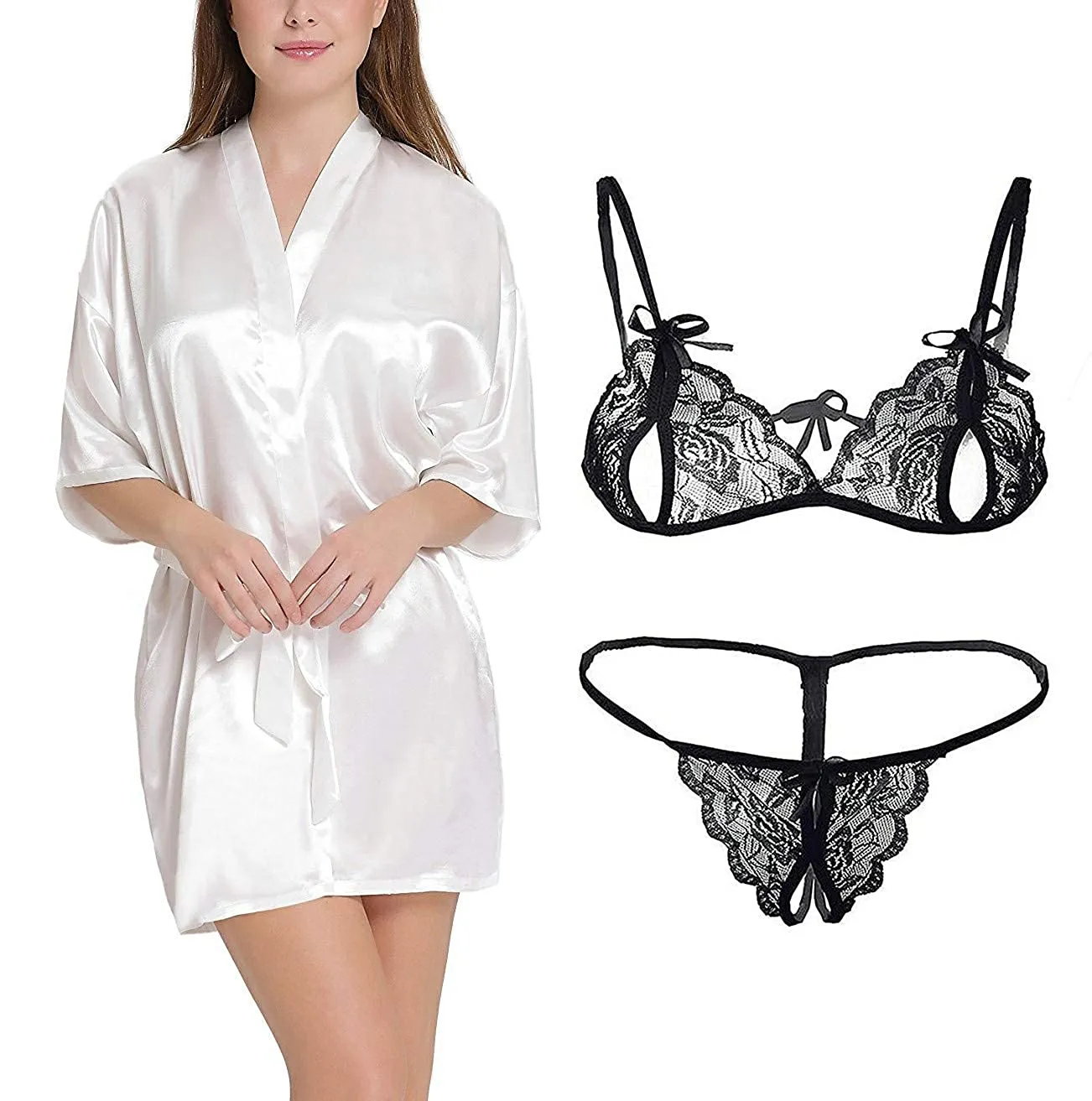 Xs and Os Women's Satin Robe and Lace Bra Panty Lingerie Set Combo
