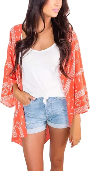 Yonala Womens Floral Kimono Loose Half Sleeve Chiffon Casual Cardigan Cover Up